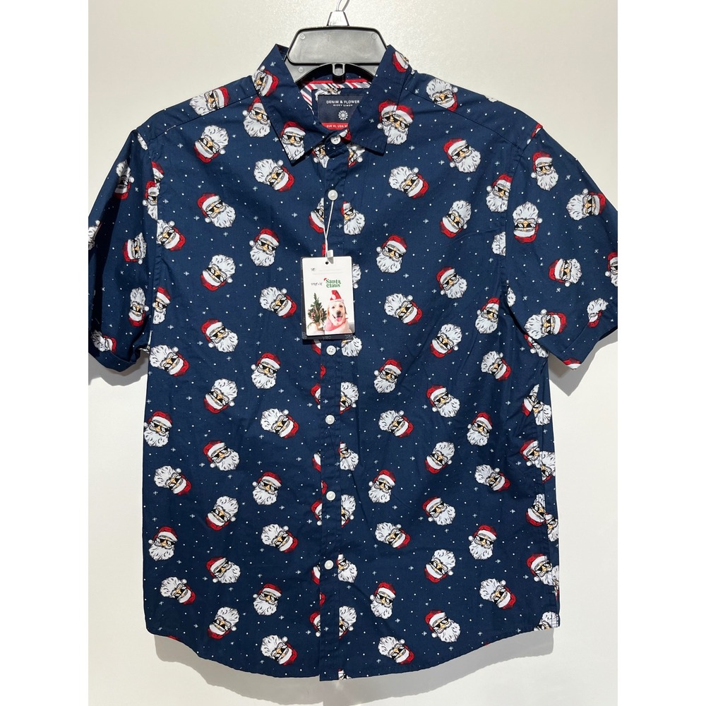 Denim & Flower Ricky Singh Mens XL Navy Santa Sunglasses Christmas Button Shirt